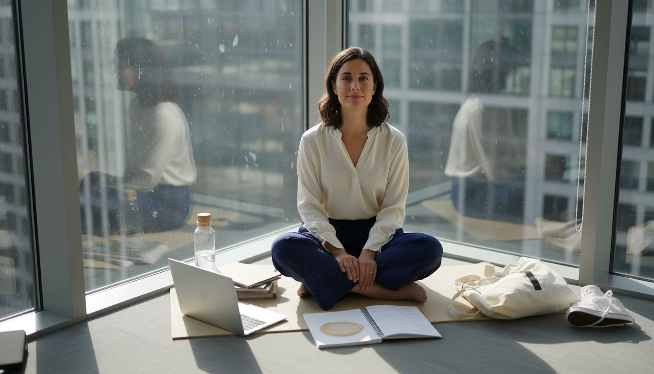 Woman meditating quietly in sunlit office