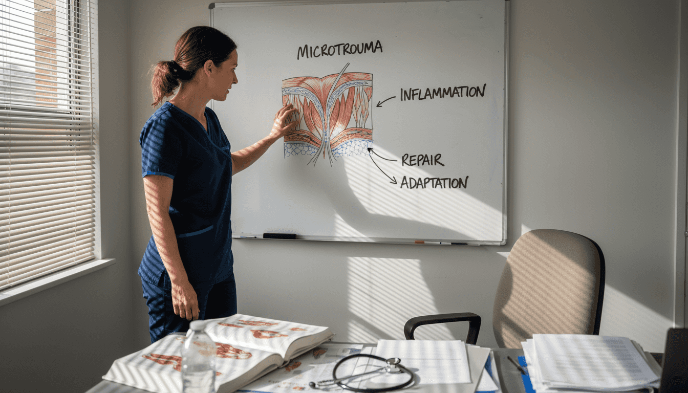 Explaining muscle microtrauma on a whiteboard