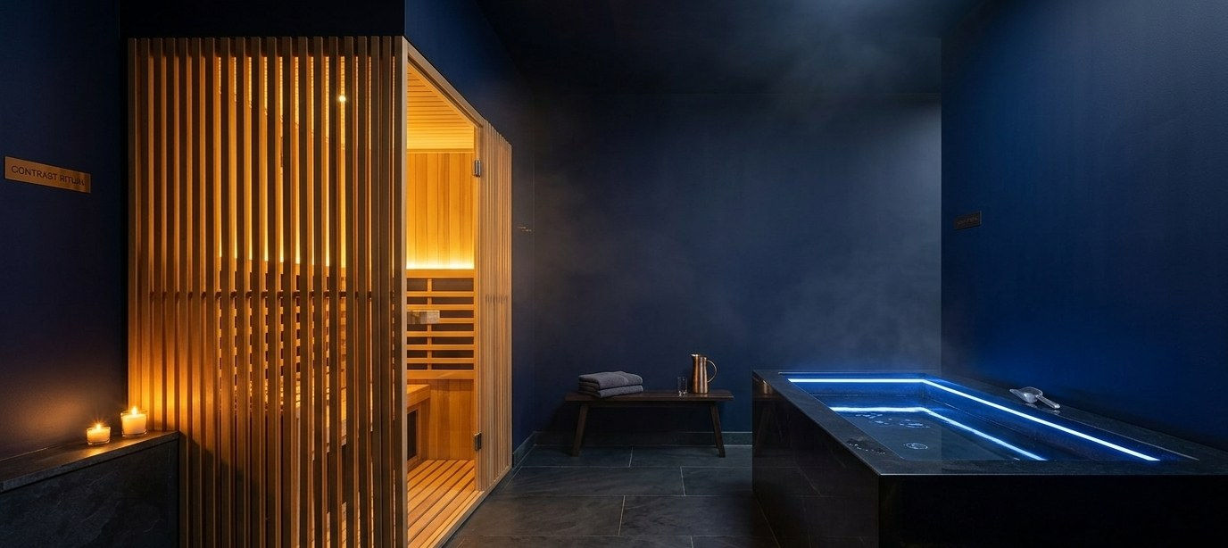 Infrared sauna glowing warm beside a cold plunge pool in the contrast therapy suite at Float Therapy Wilmslow