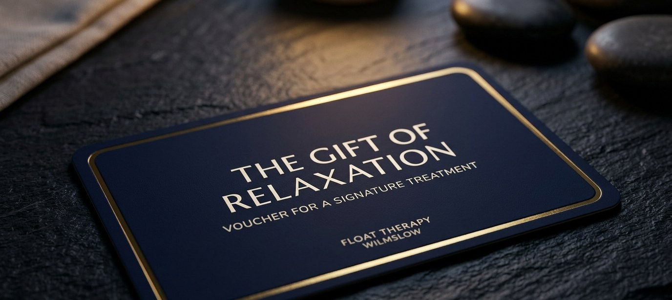 A navy and gold Float Therapy Wilmslow gift voucher on dark slate