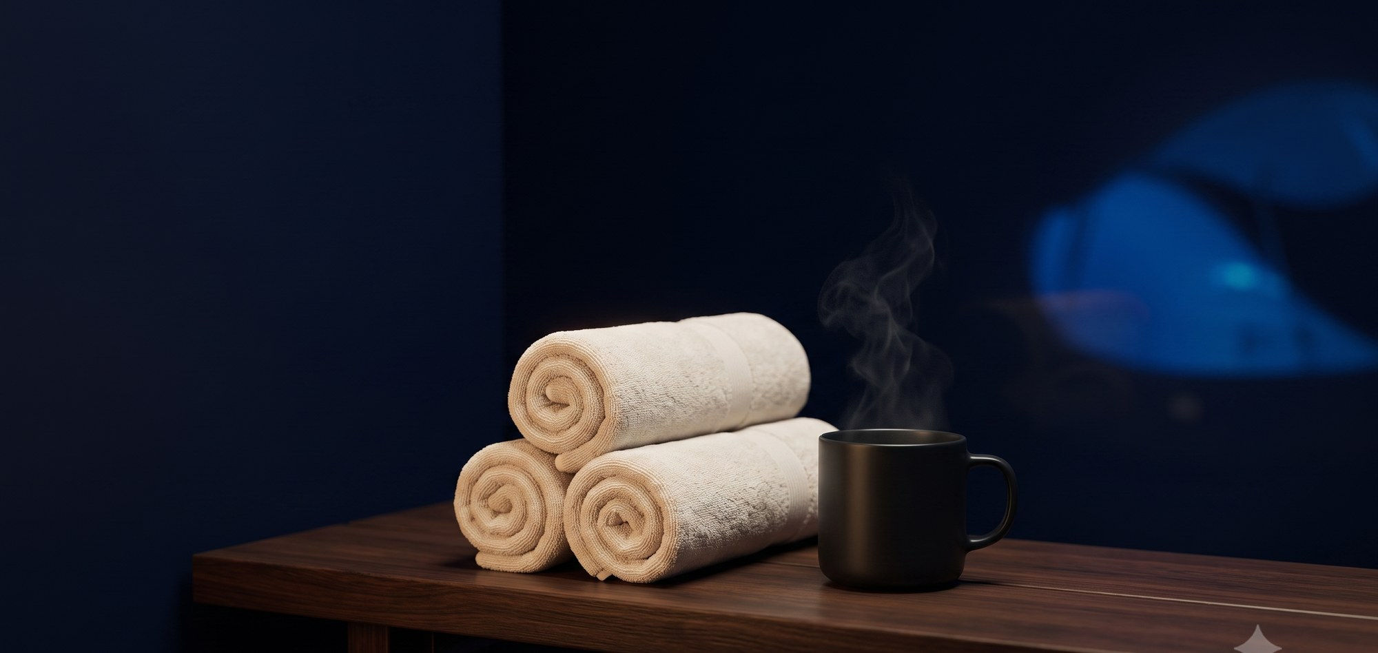 Rolled towels and a steaming drink beside a glowing float pod at Float Therapy Wilmslow